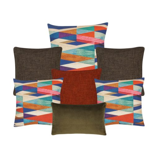 A collection of brown, burnt orange and multi-coloured square and rectangular cushion covers