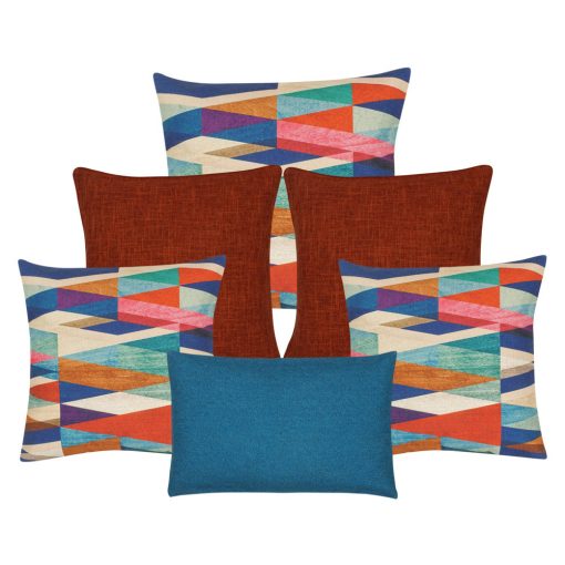 A set of rectangular and square cushions with blue and bunt orange colours