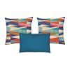 A set of 3 teal and multi-coloured cushions in square and rectangular shapes