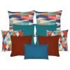 A collection of 9 burnt orange, teal and multi-coloured cushion covers with diamond pattern