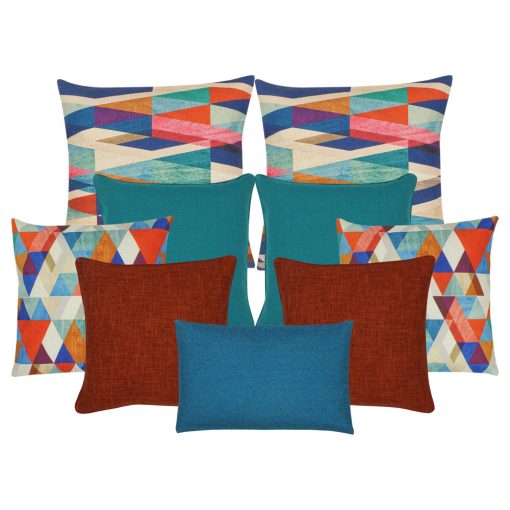 A collection of 9 burnt orange, teal and multi-coloured cushion covers with diamond pattern