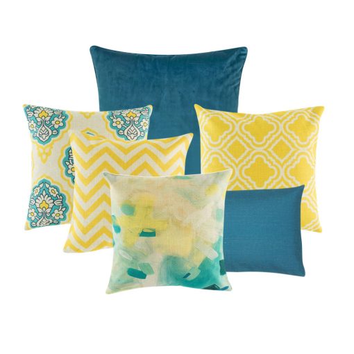 A collection of 6 square and rectangular blue and yellow cushion covers with diamond and chevron patterns