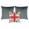 A collection of 3 square cushions with grey and fuschia colours and cross design