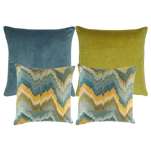 A collection of 4 square cushions with blue and yellow colours