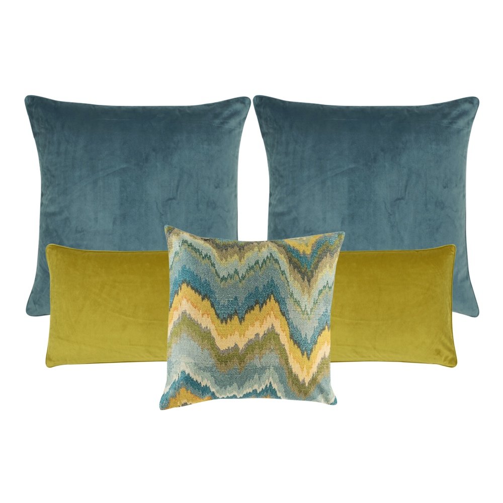 A set of 5 rectangular and square cushions in yellow and blue colours