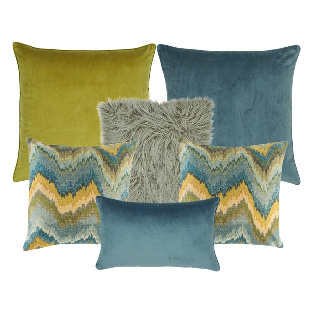 A mix of 6 cushions in grey, blue and yellow colours