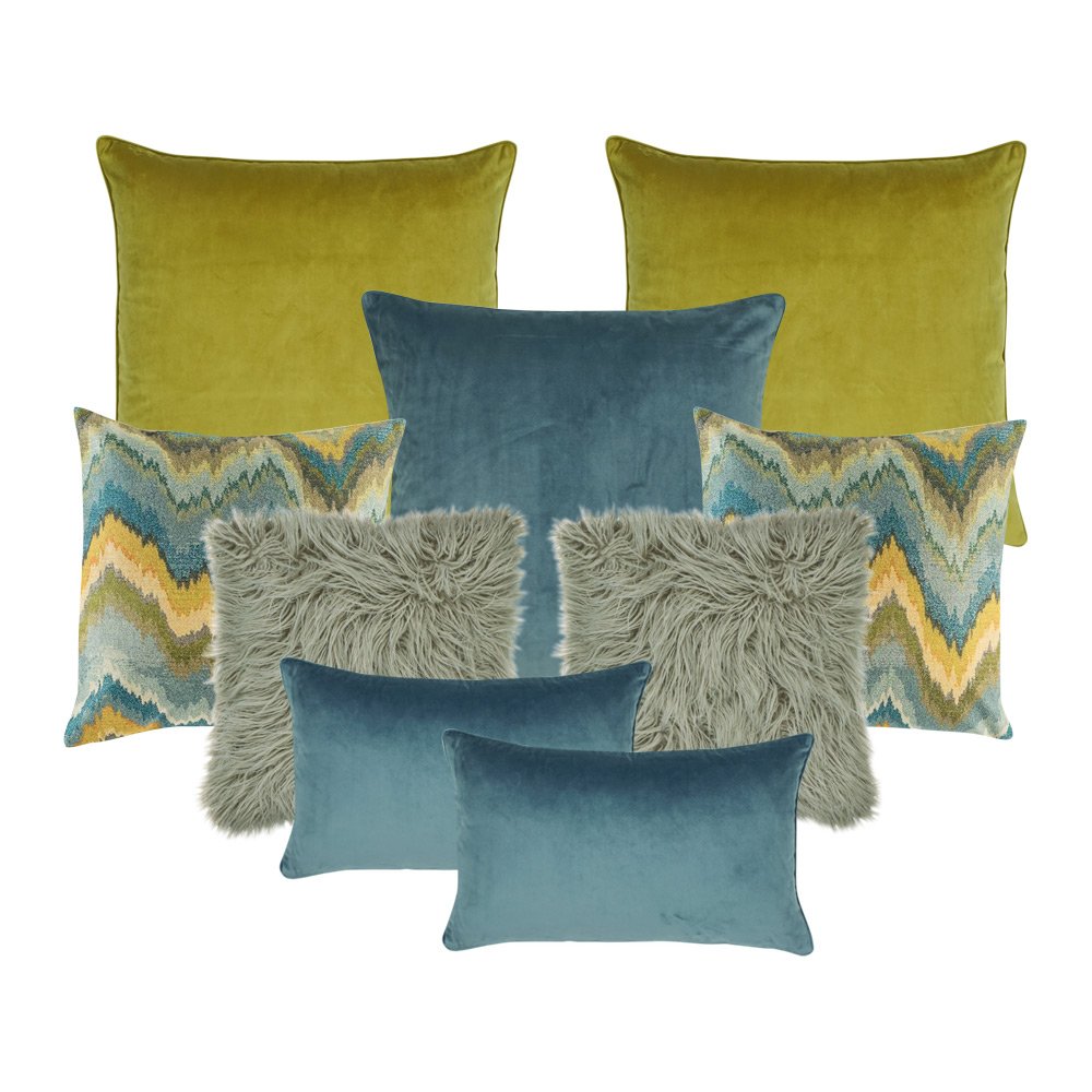 A set of 9 cushion covers in blue, yellow and grey colours