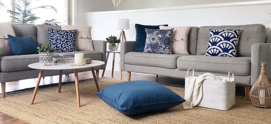 Corindi collection in a coastal styled scene with blue velvet floor cushion