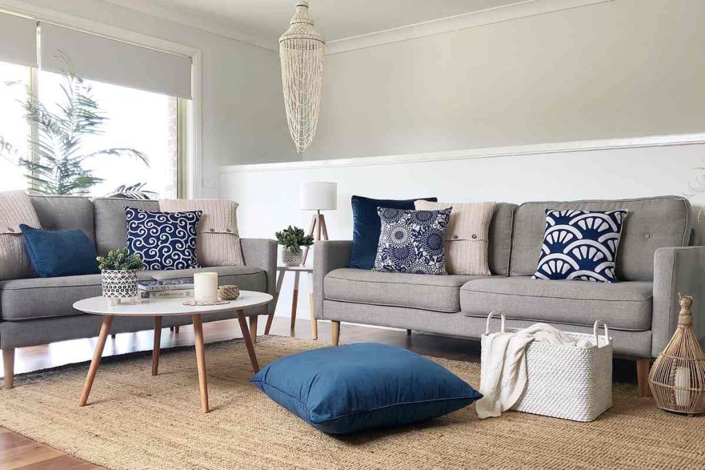 Corindi collection of grey couch cushions in deep blue and white