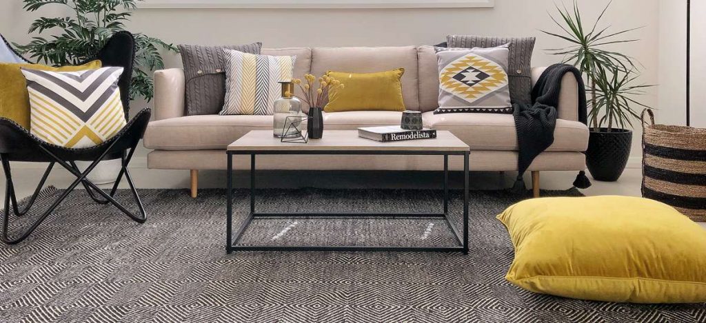 Urban modern sstyled scene with mustard black and grey cushions