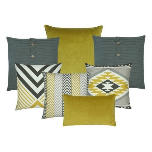 Cushion collection with mustard and grey tones