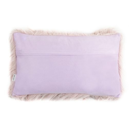 Back view photo of pink rectangular fur cushion in 30cm x 50cm size