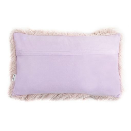 Back view photo of pink rectangular fur cushion in 30cm x 50cm size