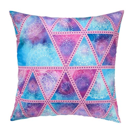 Photo of colourful cushion with blue and pink triangles