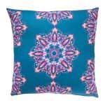Image of green and pink outdoor cotton cushion cover with kaleidoscope pattern