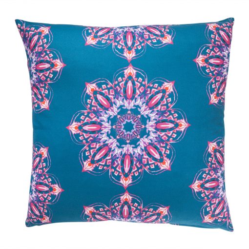 Image of green and pink outdoor cotton cushion cover with kaleidoscope pattern