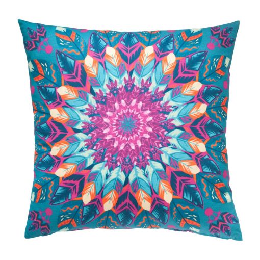 Photo of outdoor cotton cushion with colourful kaleidoscope print