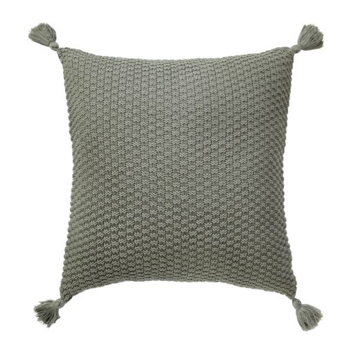 Image of grey knit cushion with tassels
