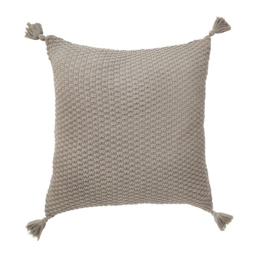 Image of pale brown knitted cushion with tassels