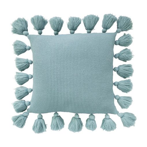 Image of teal knit cushion cover with tassels