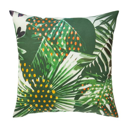 Image of green outdoor cotton cushion with leaves design