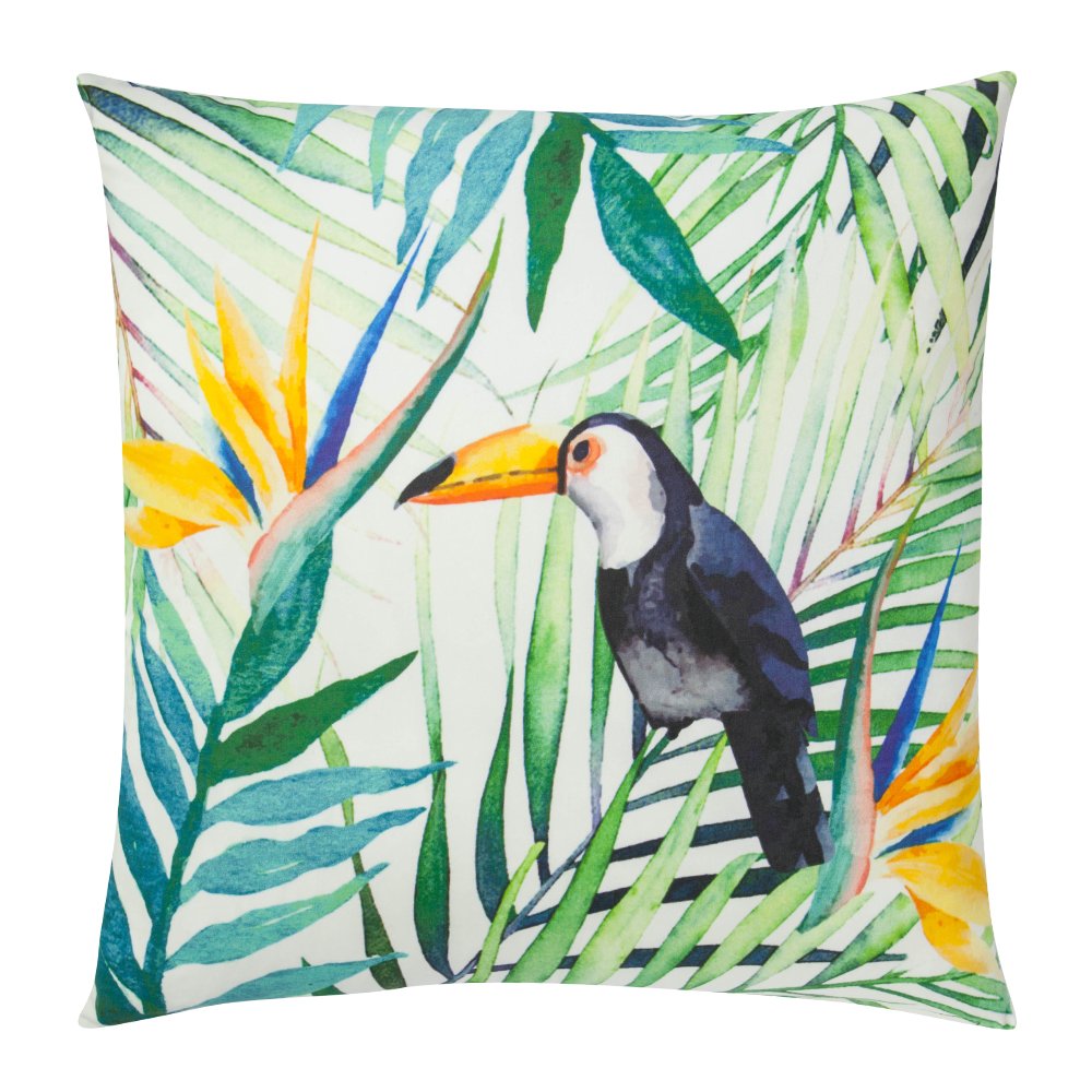 Photo of tropical outdoor cushion with toucan bird and flower design