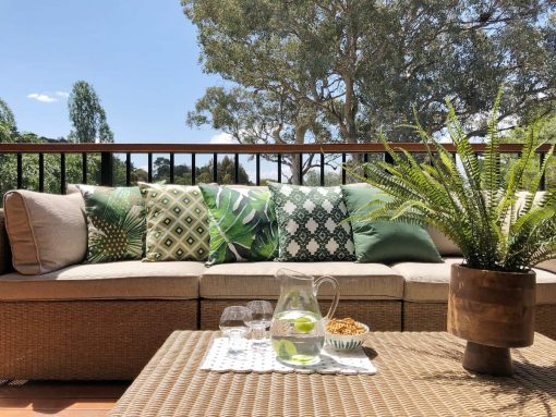 Photo of nature inspired outdoor cushions in outdoor setting