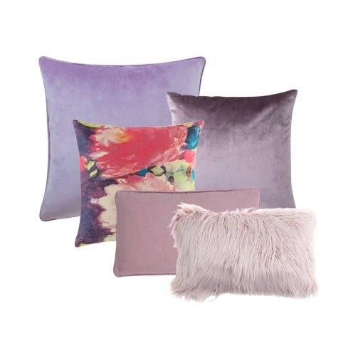 Image of purple and lilac coloured cushion covers in cotton linen blend, faux fur and velvet materials