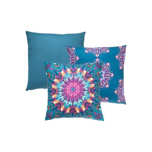 Photo of 3 festive teal coloured cushion covers with kaleidoscope pattern