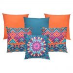 Photo of 6 bright and bold, festive teal and orange coloured outdoor cushion set