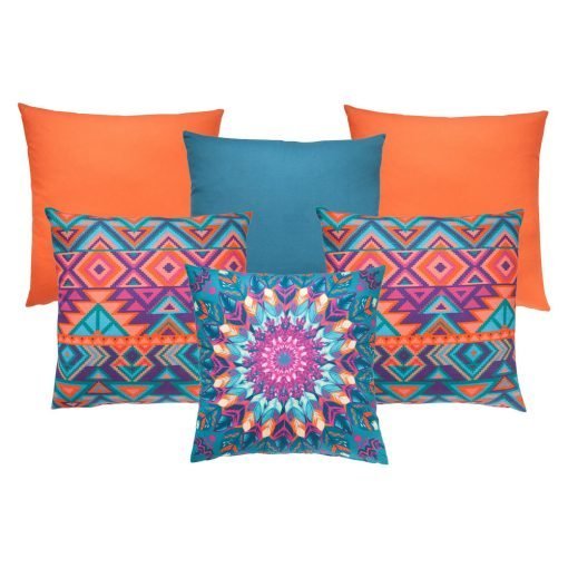 Photo of 6 bright and bold, festive teal and orange coloured outdoor cushion set