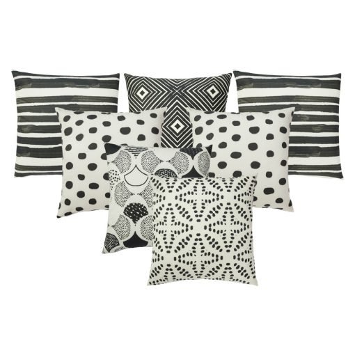 Image of 7 tribal inspired black and white outdoor cushions made of UV and water resistant fabric