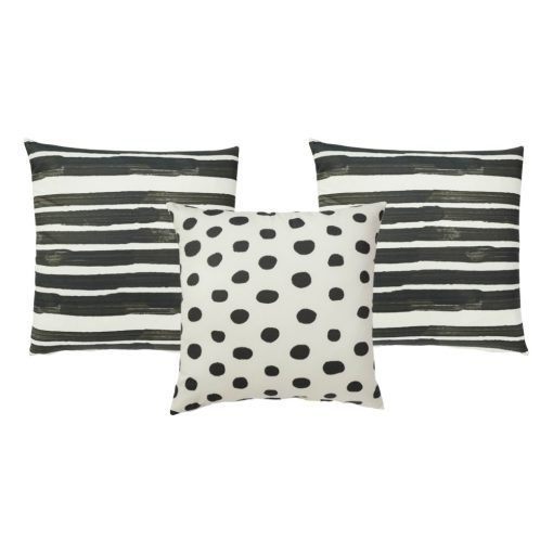 Image of 3 black and white outdoor cushions in stripes and polka dot designs