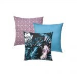 A set of 3 outdoor cushion covers in purple and teal colours