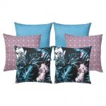 Water resistant square outdoor cushions in teal and purple colours