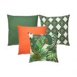 Image of 4 jungle themed outdoor cushions with green and bright orange colours