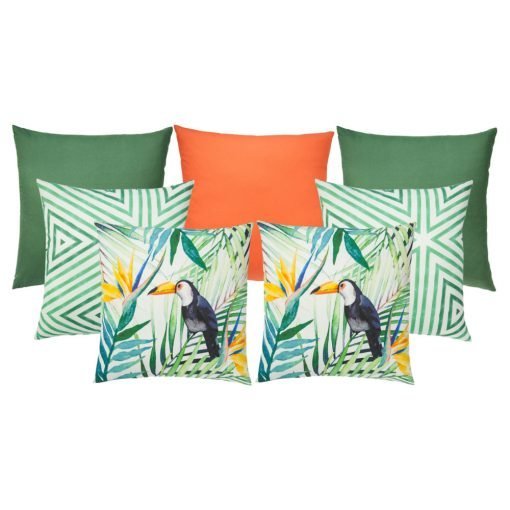 Jungle inspired 7 outdoor cushion set in bold orange and green colours
