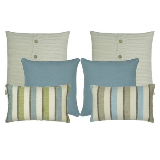 A collection of blue and white cushion covers in solid and line patterns