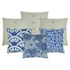 A set of 6 cushion covers in blue and white colours with floral, shell and wind patterns