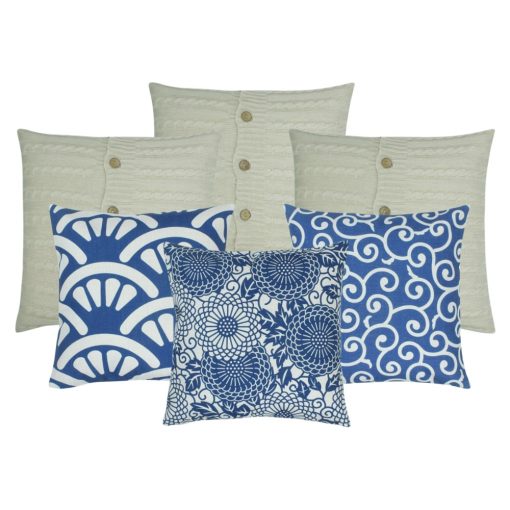 A set of 6 cushion covers in blue and white colours with floral, shell and wind patterns