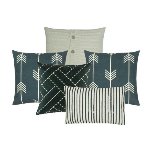 Photo of 5 cushion covers in grey and white colours with stripes and arrow designs