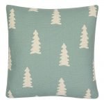 Square teal outdoor cotton linen cushion with pine trees