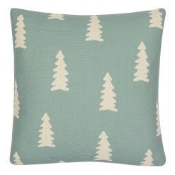 Square teal outdoor cotton linen cushion with pine trees