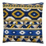 Image of square cushion with blue and yellow aztec design
