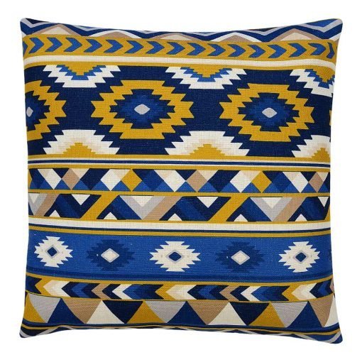 Image of square cushion with blue and yellow aztec design