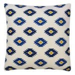 Image of off-white cushion cover with bright yellow and blue ethnic design