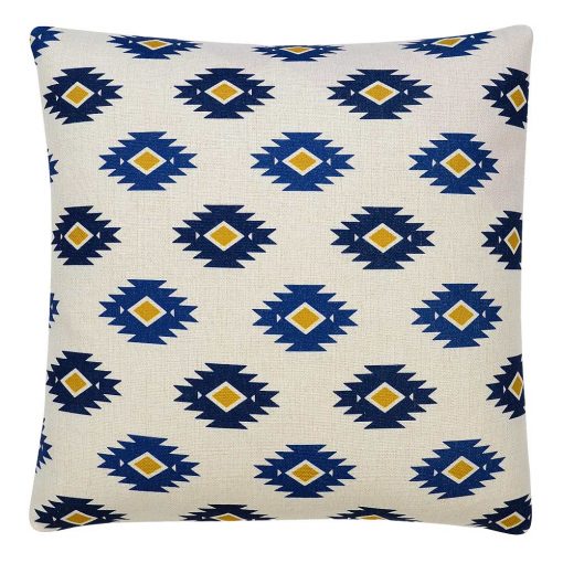 Image of off-white cushion cover with bright yellow and blue ethnic design