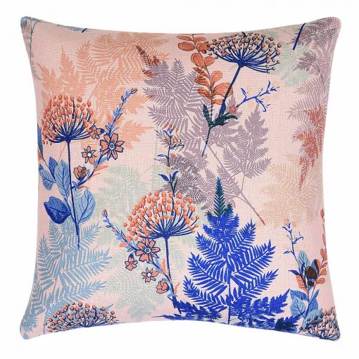Feminine and pink square cushion with blue floral design