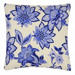China blue flowers on cream cotton linen cushion fabric