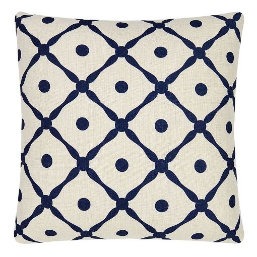 Elegant Hamptons inspired cotton linen cushion cover with blue lattice design
